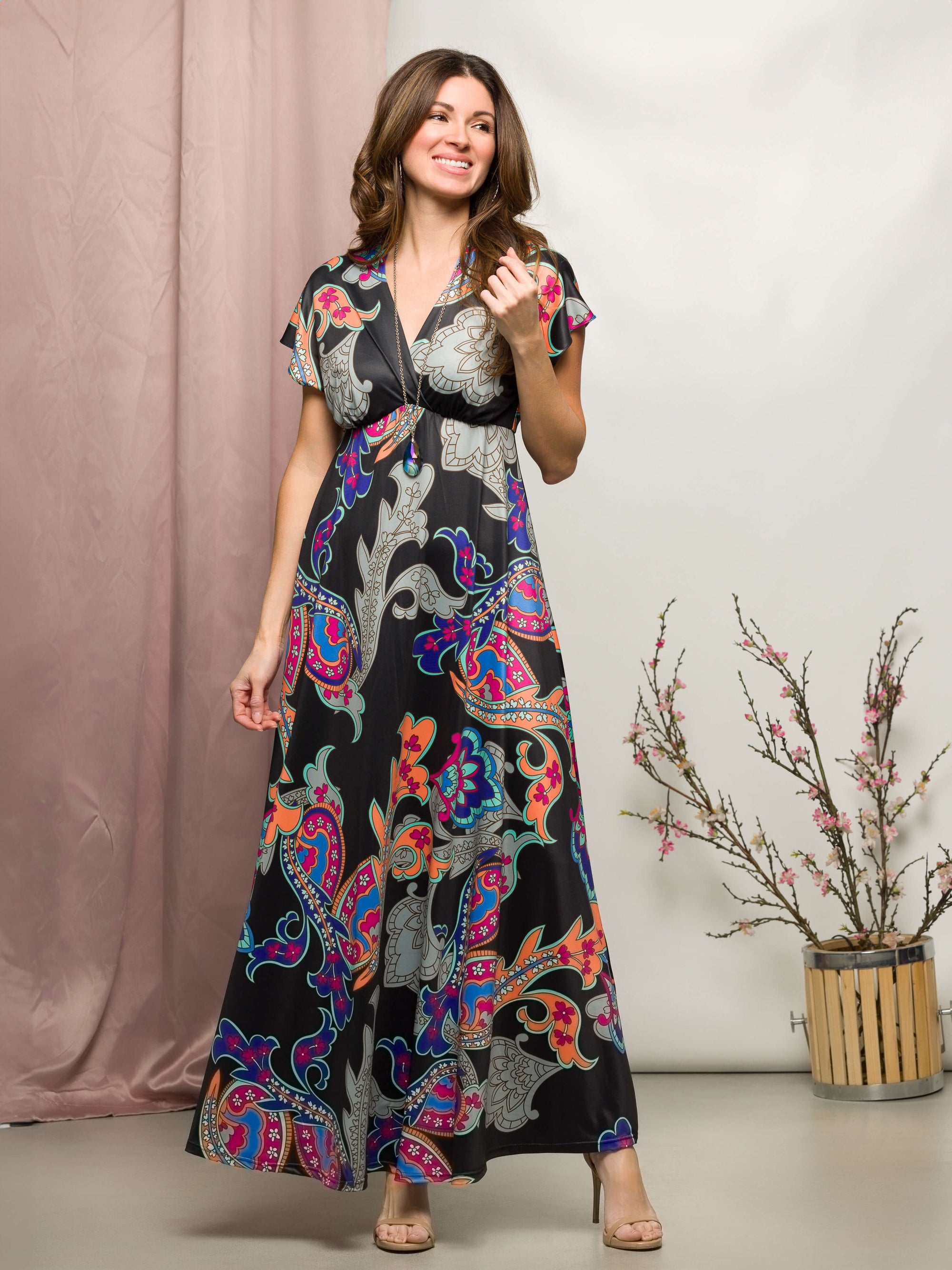 24seven Comfort Apparel Womens Black Paisley Print V Neck Empire Waist Cap Sleeve Maxi Dress