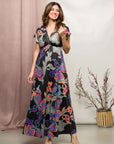 24seven Comfort Apparel Womens Black Paisley Print V Neck Empire Waist Cap Sleeve Maxi Dress