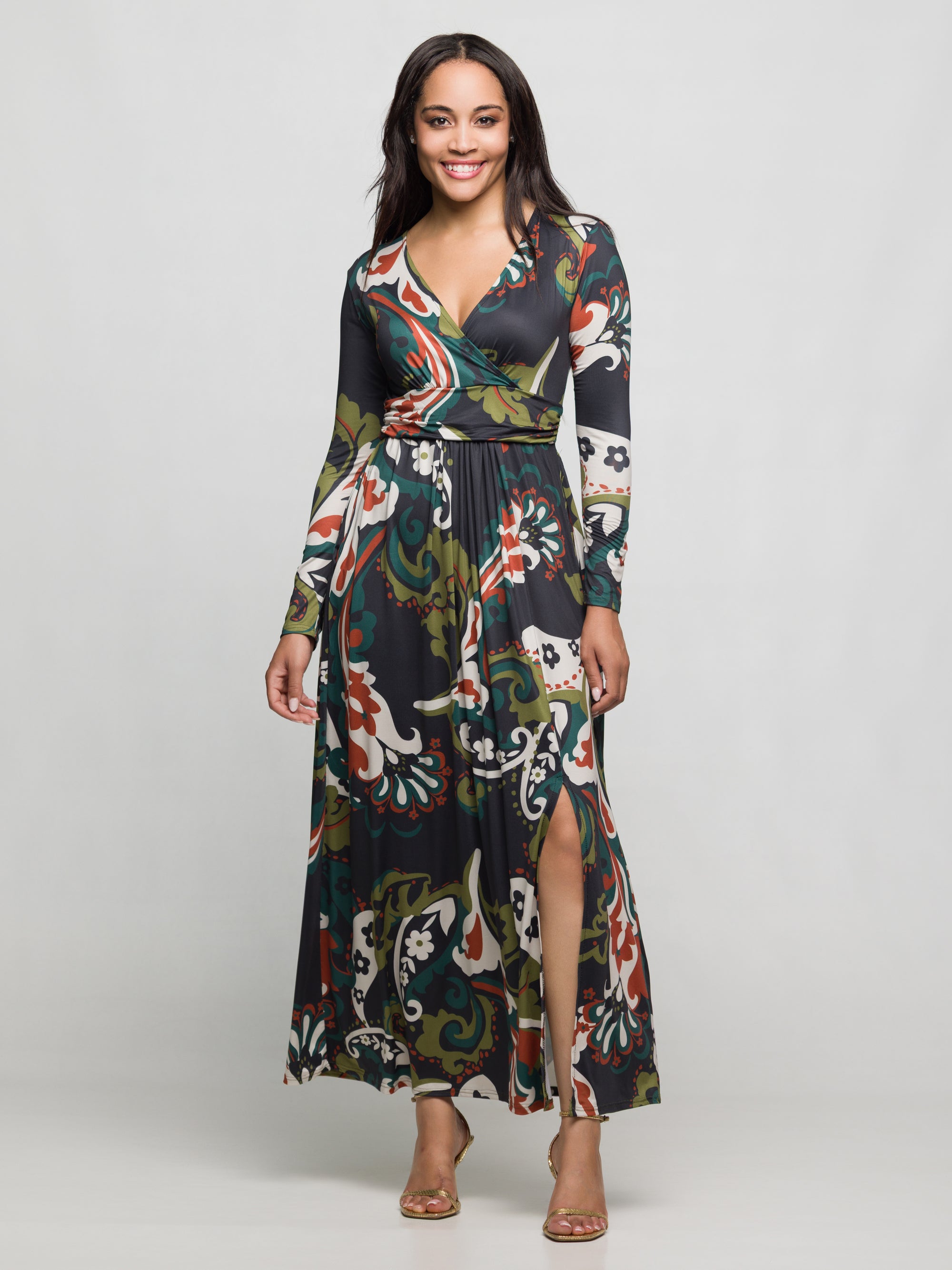 24seven Comfort Apparel Green Paisley Print Long Sleeve Wrap Maxi Dress