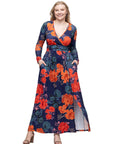 Navy Floral Print Long Sleeve Side Slit Maxi Dress