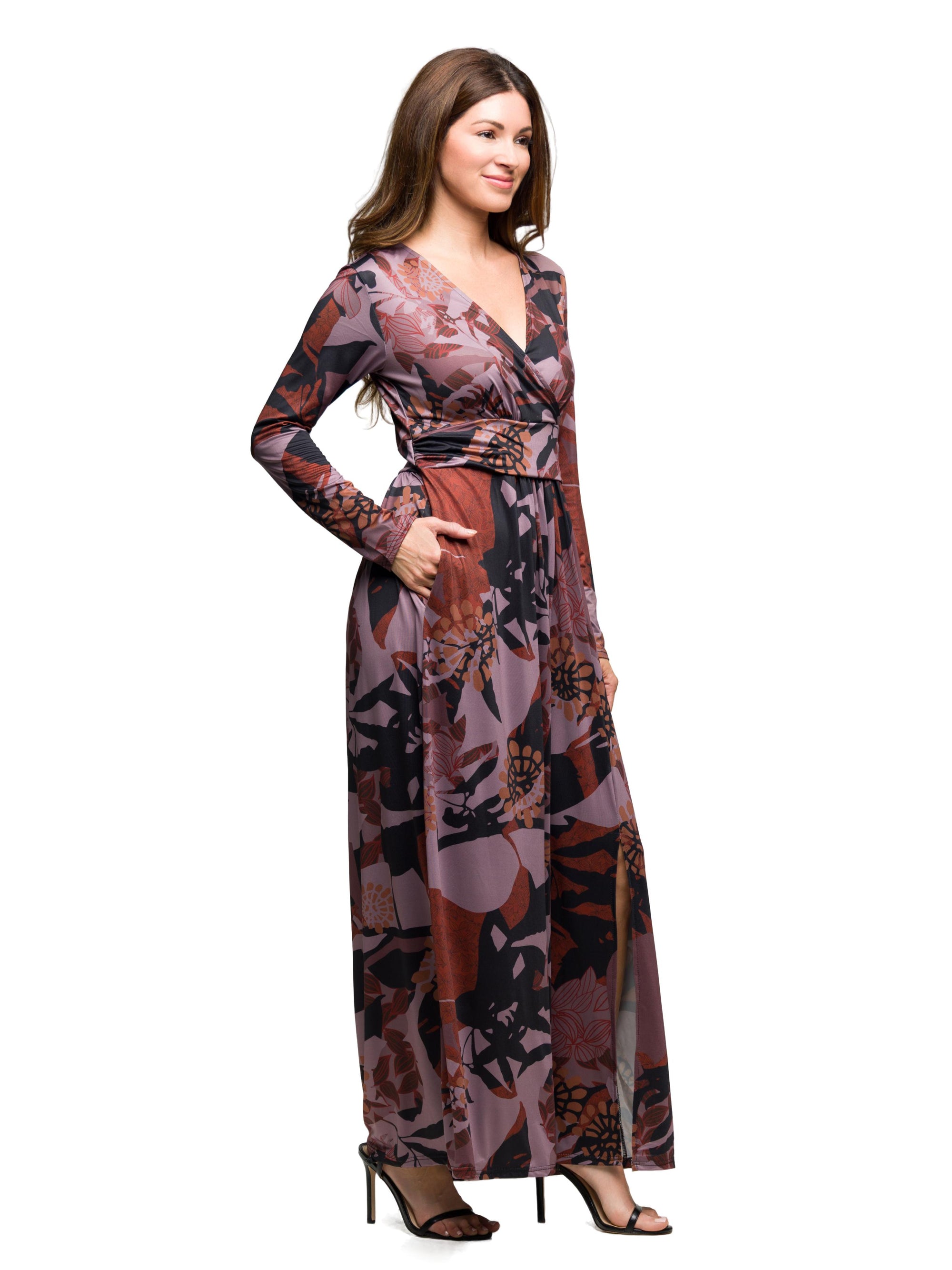24seven Comfort Apparel Gray Floral Print Long Sleeve Wrap Maxi Dress