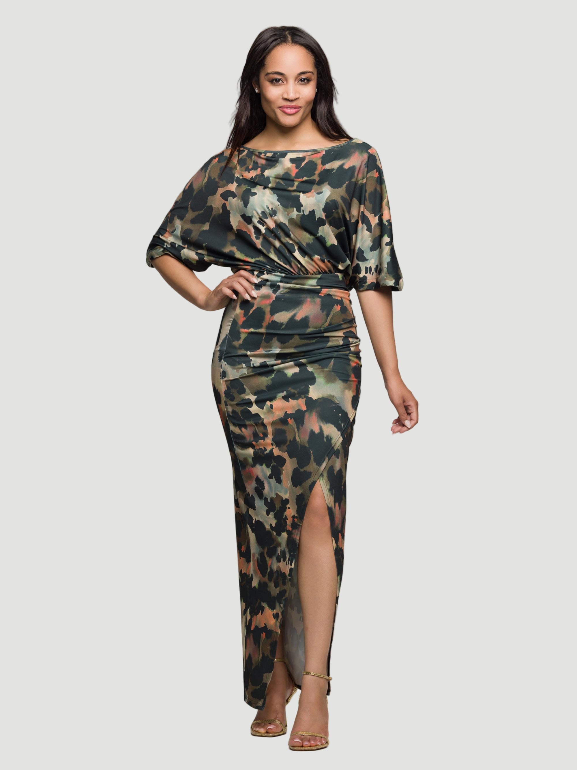 24seven Comfort Apparel Green Abstract Print Batwing Sleeve Maxi Dress with Slit