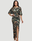 24seven Comfort Apparel Green Abstract Print Batwing Sleeve Maxi Dress with Slit