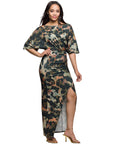 24seven Comfort Apparel Green Abstract Print Batwing Sleeve Maxi Dress with Slit