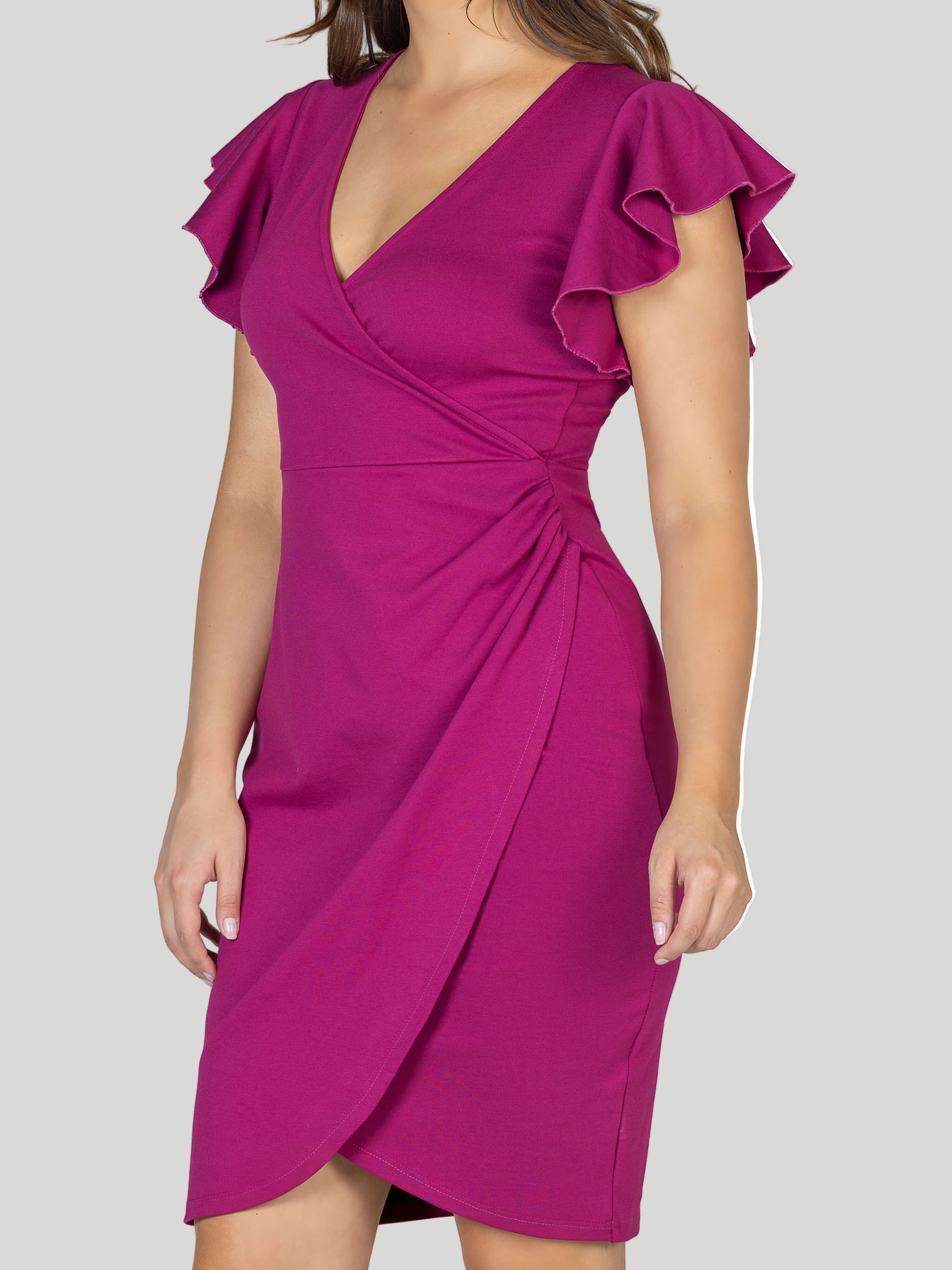 Womens V Neck Ruffle Sleeve Knee Length Dress