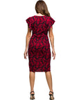 24seven Comfort Apparel Burgundy Print Flutter Sleeve Faux Wrap Dress