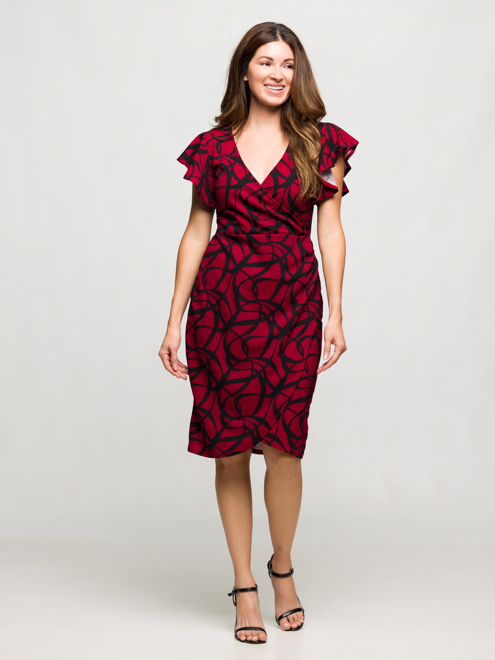 24seven Comfort Apparel Burgundy Print Flutter Sleeve Faux Wrap Dress