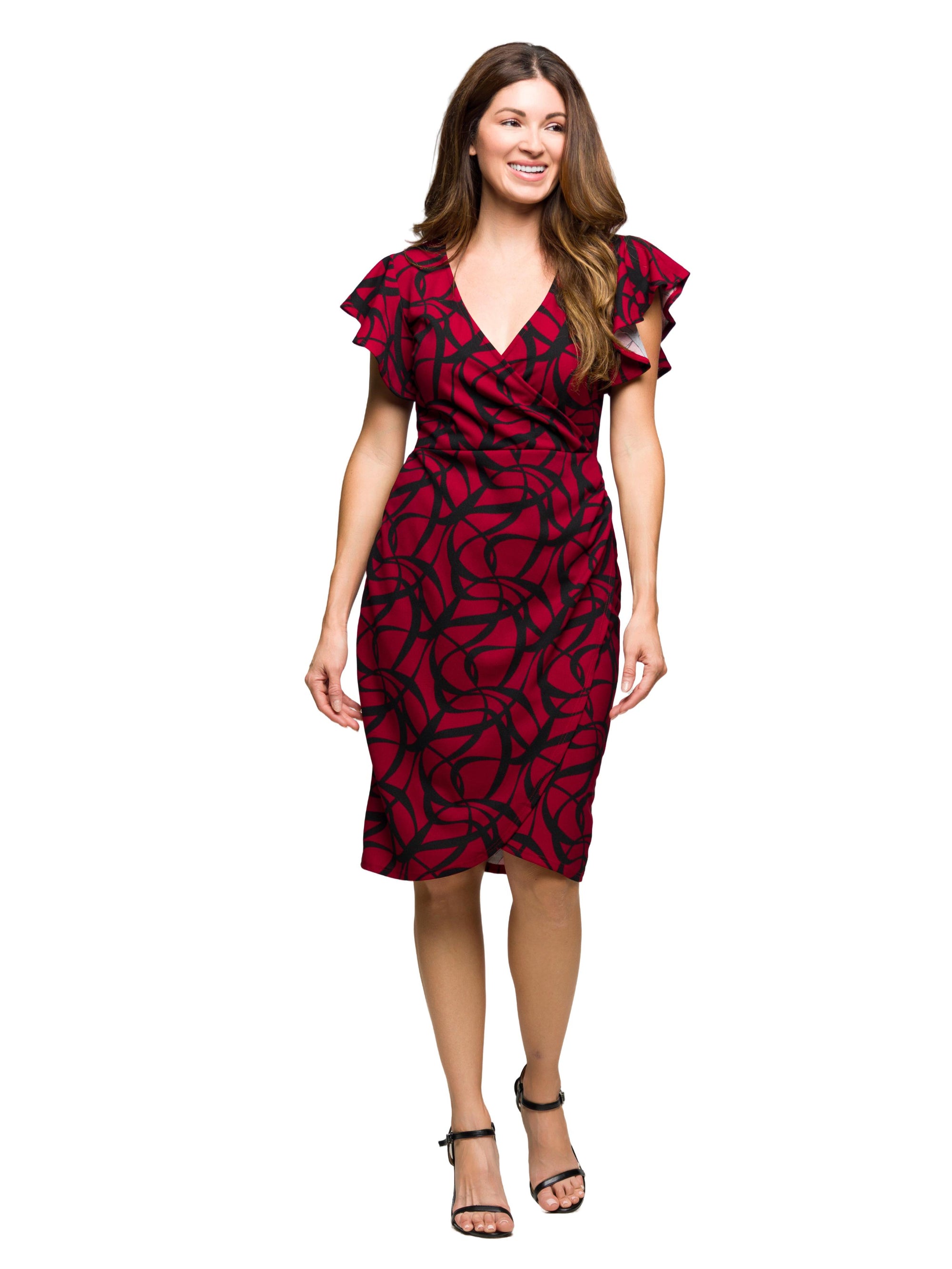 24seven Comfort Apparel Burgundy Print Flutter Sleeve Faux Wrap Dress