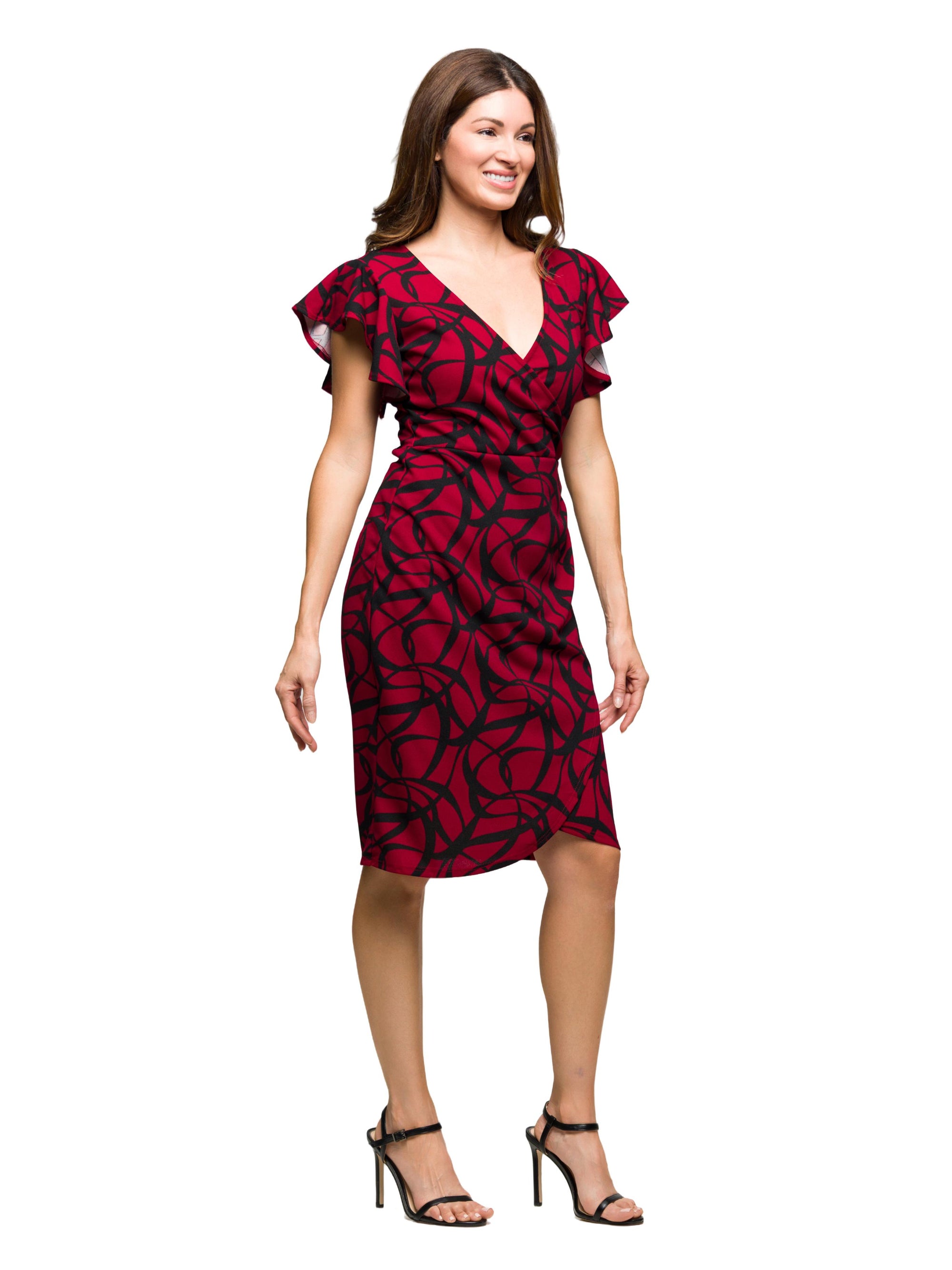 24seven Comfort Apparel Burgundy Print Flutter Sleeve Faux Wrap Dress