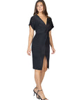 Womens Short Sleeve V Neck Twist Front Split Hem Dress