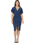 Womens Short Sleeve V Neck Twist Front Split Hem Dress