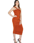 Womens Halter Cross Neck Ruched Bodycon Mid Dress
