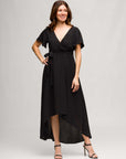 24seven Comfort Apparel Womens V Neck Belted Faux Wrap High Low Dress