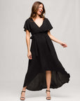24seven Comfort Apparel Womens V Neck Belted Faux Wrap High Low Dress