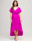 24seven Comfort Apparel Womens V Neck Belted Faux Wrap High Low Dress