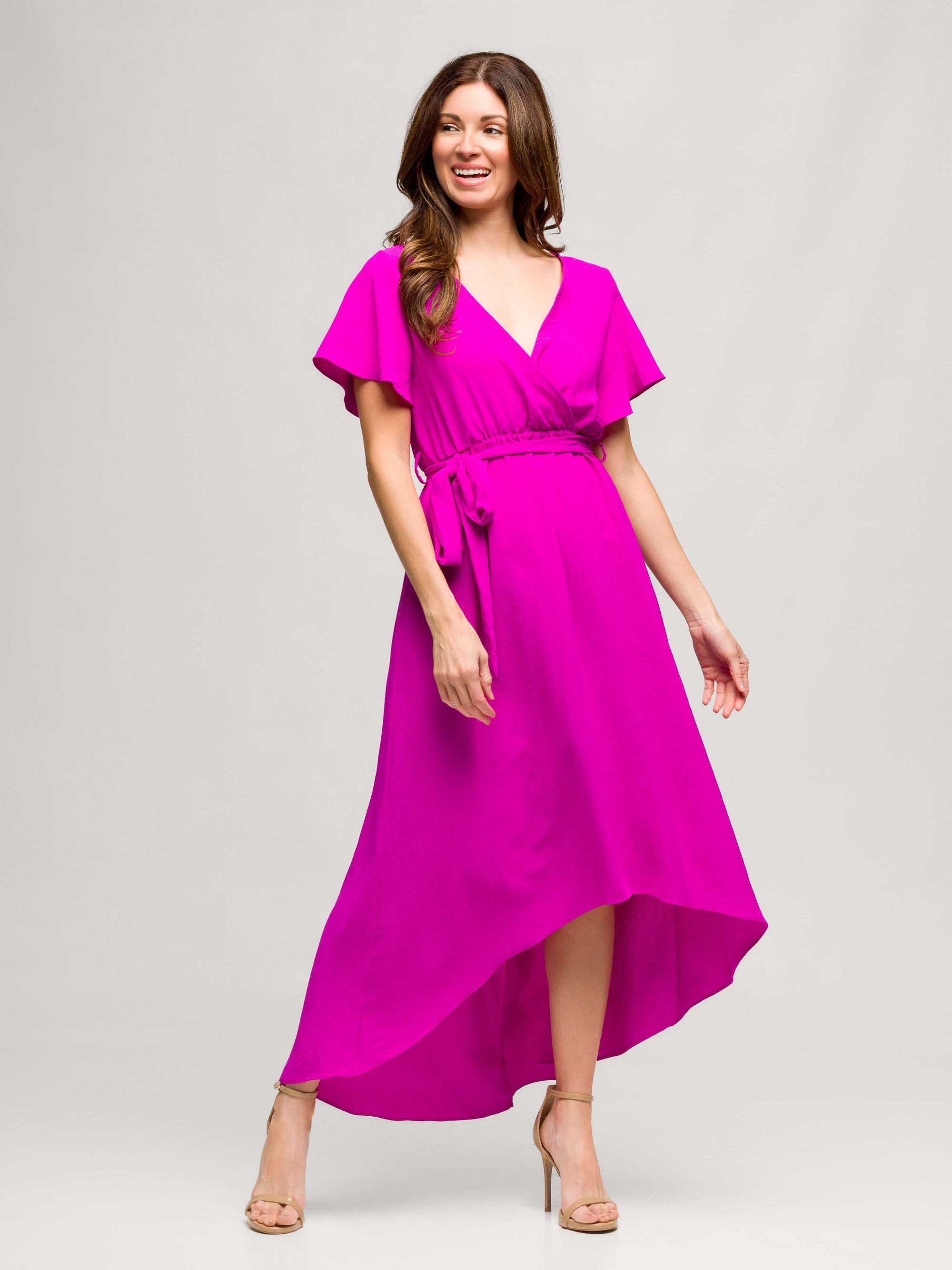 24seven Comfort Apparel Womens V Neck Belted Faux Wrap High Low Dress