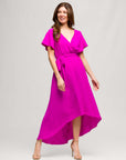 24seven Comfort Apparel Womens V Neck Belted Faux Wrap High Low Dress