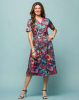 24seven Comfort Apparel Brown and Pink Print Short Sleeve Tie Waist Midi Dress