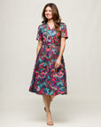 24seven Comfort Apparel Brown and Pink Print Short Sleeve Tie Waist Midi Dress