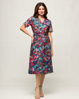 24seven Comfort Apparel Brown and Pink Print Short Sleeve Tie Waist Midi Dress