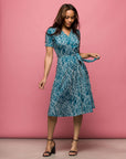 24seven Comfort Apparel Womens Teal Print Short Sleeve Tie Waist Midi Dress
