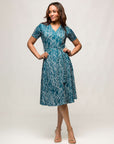 24seven Comfort Apparel Womens Teal Print Short Sleeve Tie Waist Midi Dress