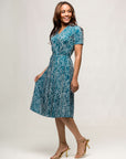 24seven Comfort Apparel Womens Teal Print Short Sleeve Tie Waist Midi Dress