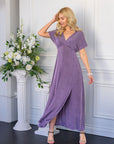 Womens Flutter Sleeve Metallic Knit Maxi Dress Front Slit Empire Waist