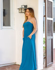 Womens Pleated A Line Strapless Maxi Dress With Pockets