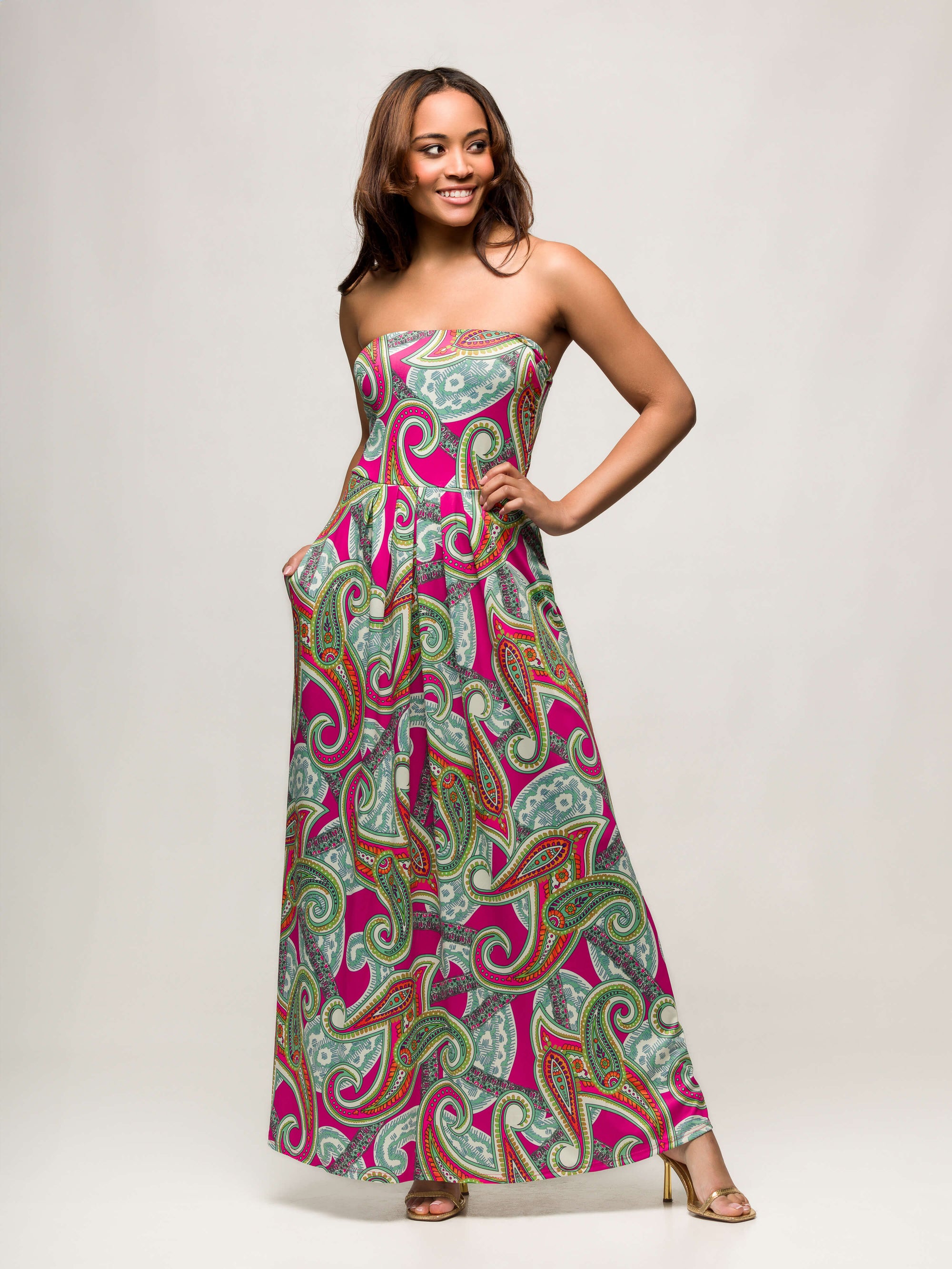 24seven Comfort Apparel Womens Pink Paisley A Line Strapless Maxi Dress With Pockets