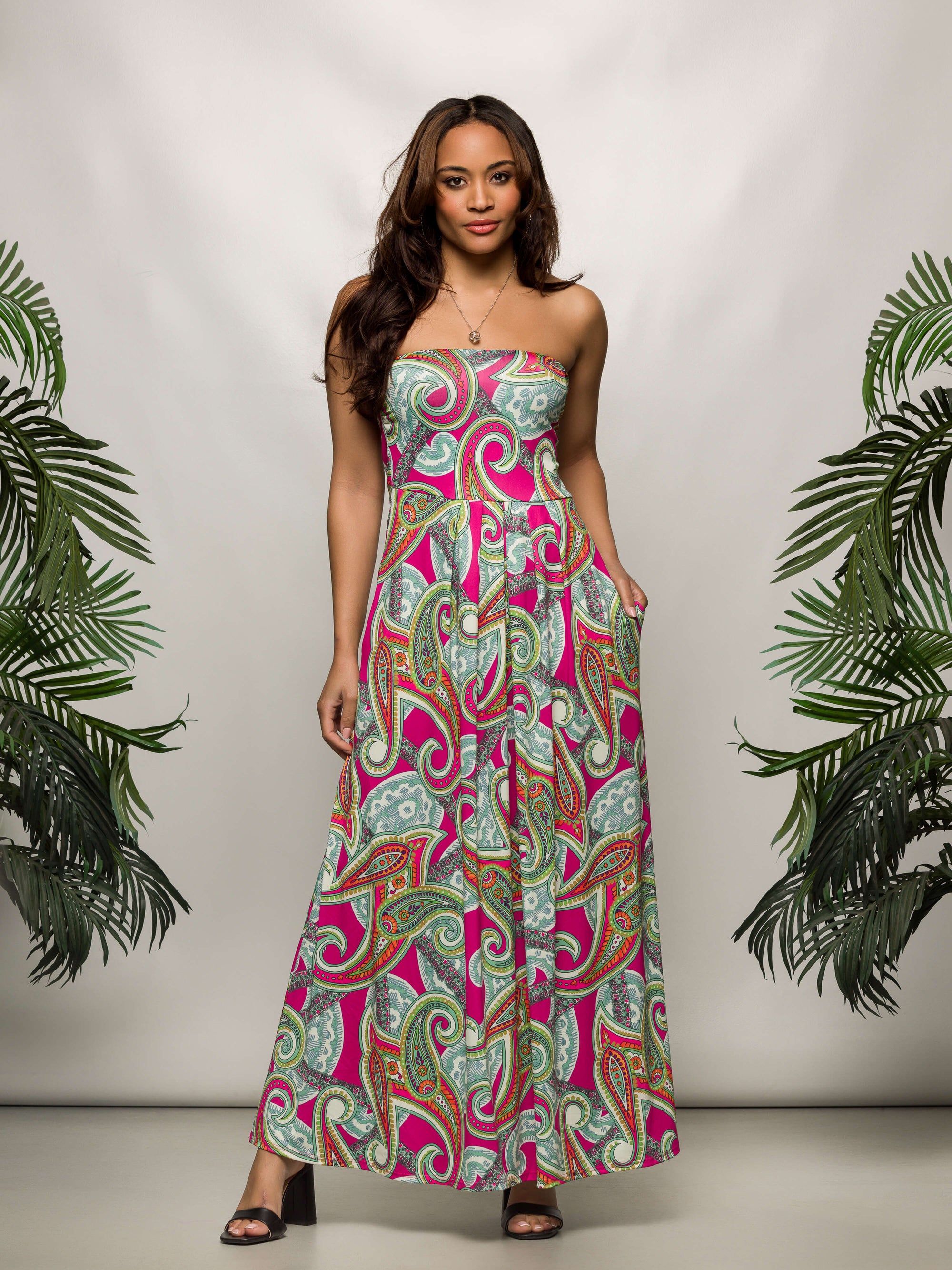 24seven Comfort Apparel Womens Pink Paisley A Line Strapless Maxi Dress With Pockets