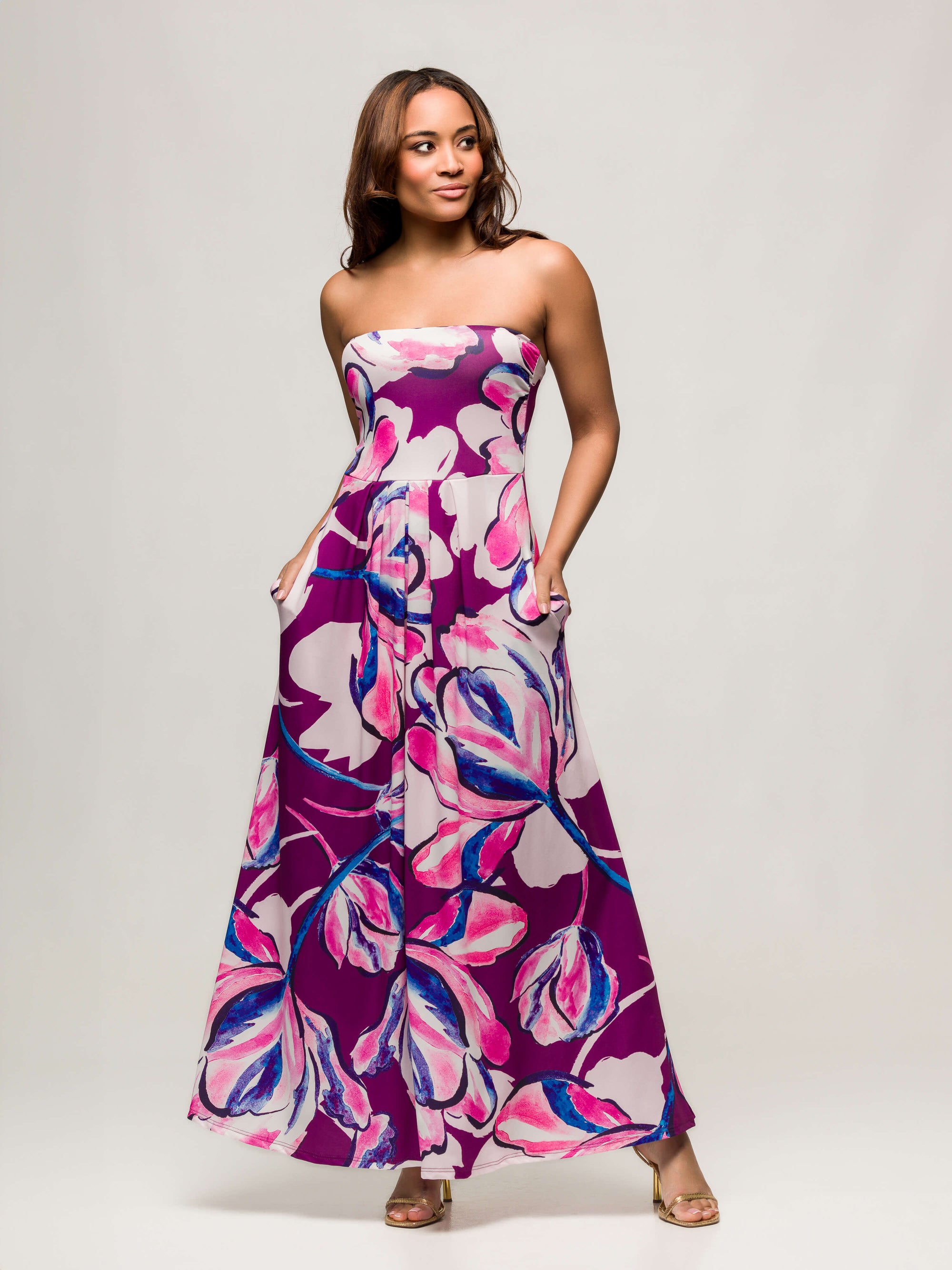 24seven Comfort Apparel Womens Purple Floral A Line Strapless Maxi Dress With Pockets