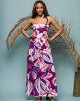 24seven Comfort Apparel Womens Purple Floral A Line Strapless Maxi Dress With Pockets