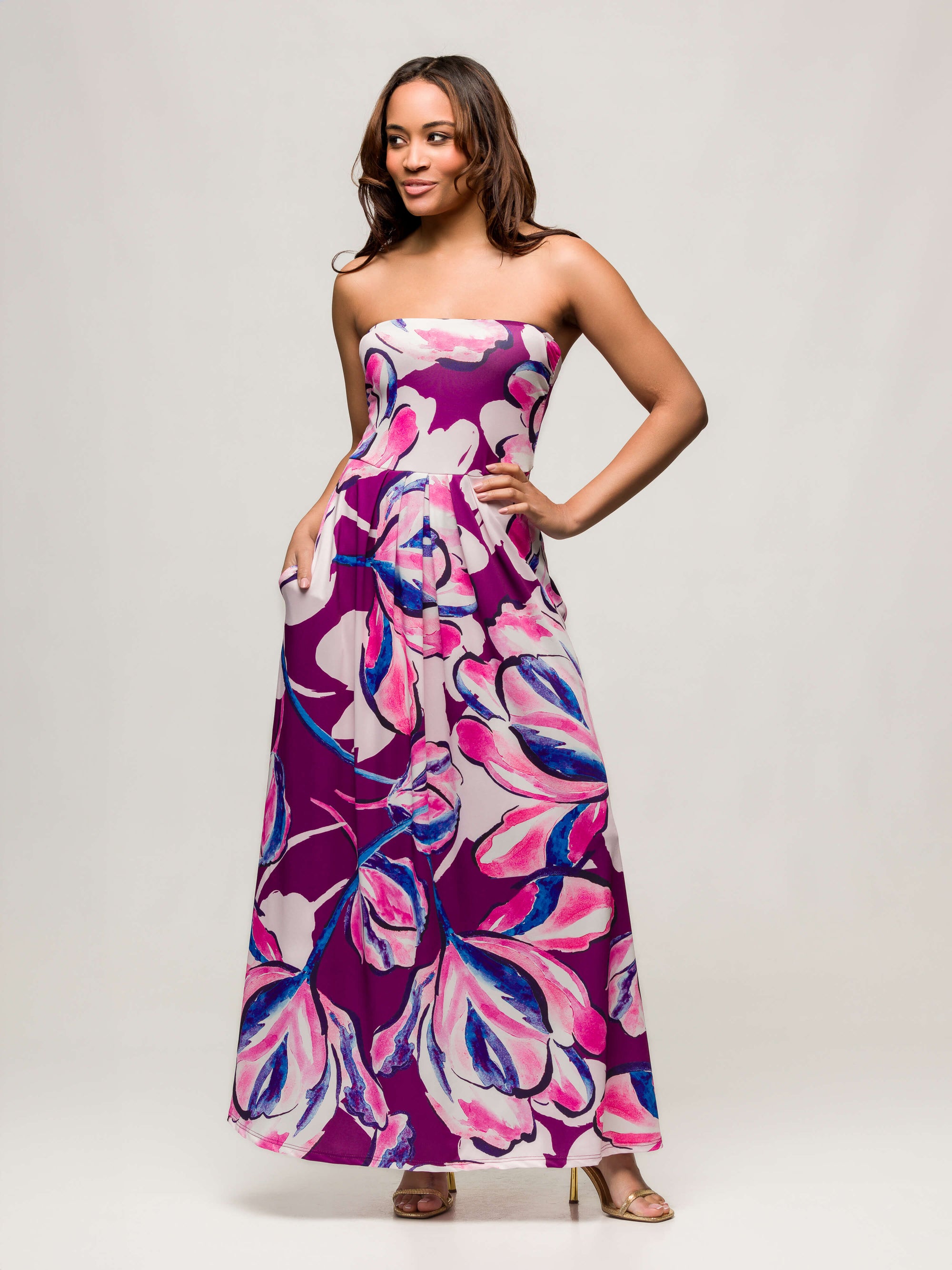 24seven Comfort Apparel Womens Purple Floral A Line Strapless Maxi Dress With Pockets