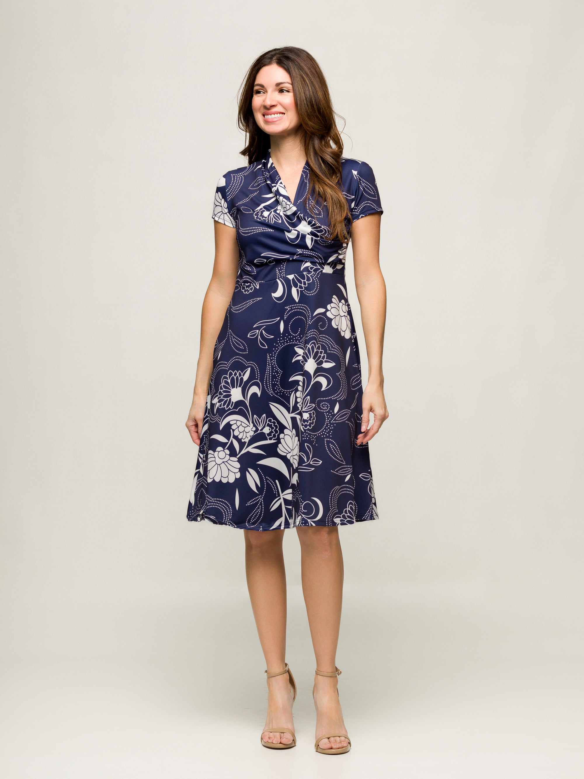 24seven Comfort Apparel Womens Navy Print Short Sleeve Knee Length V Neck Wrap Dress