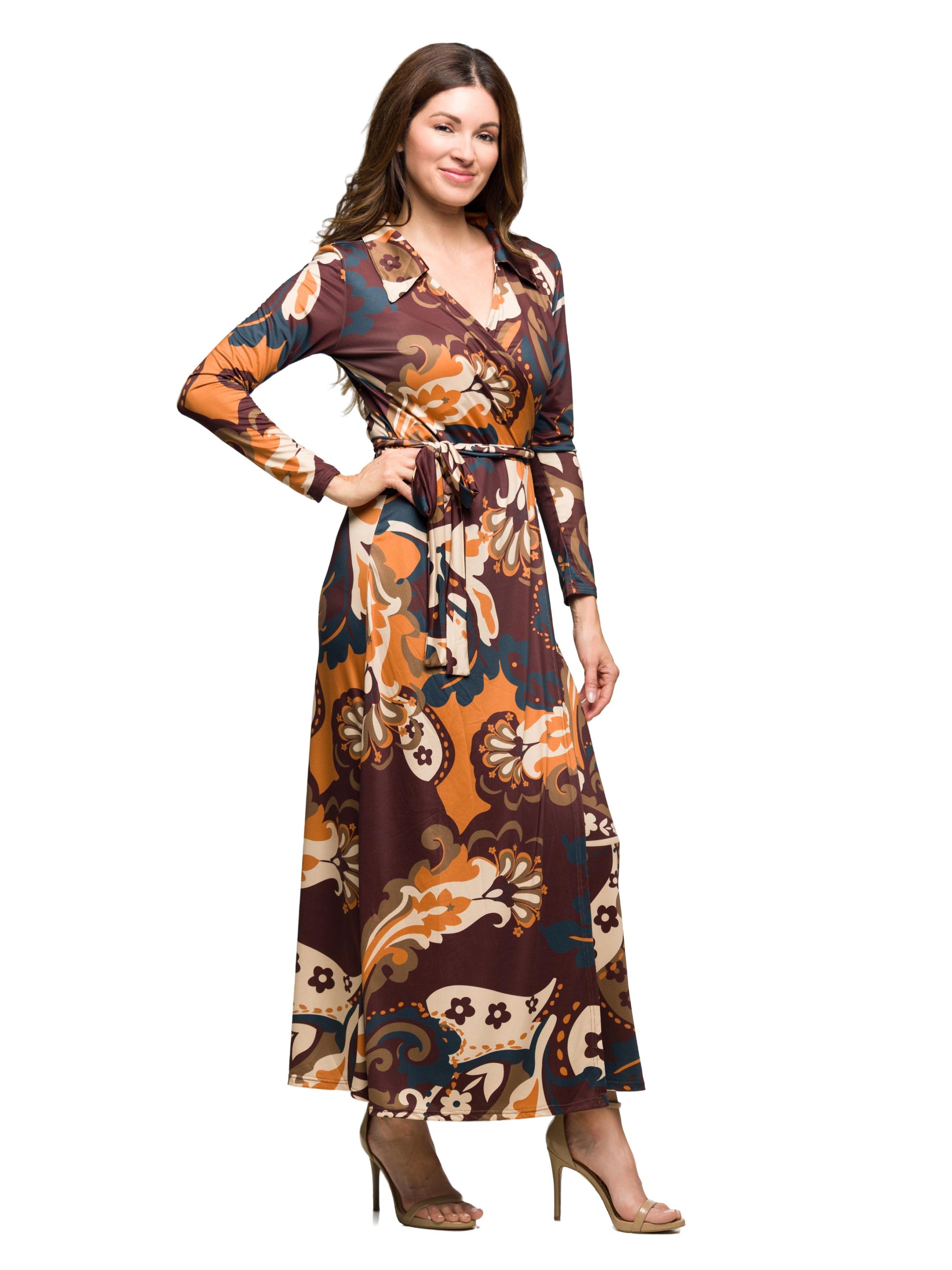24seven Comfort Apparel Brown Paisley Belt Waist Maxi Dress
