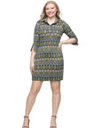 Green Geometric Print Three Quarter Sleeve Collar Mini Dress