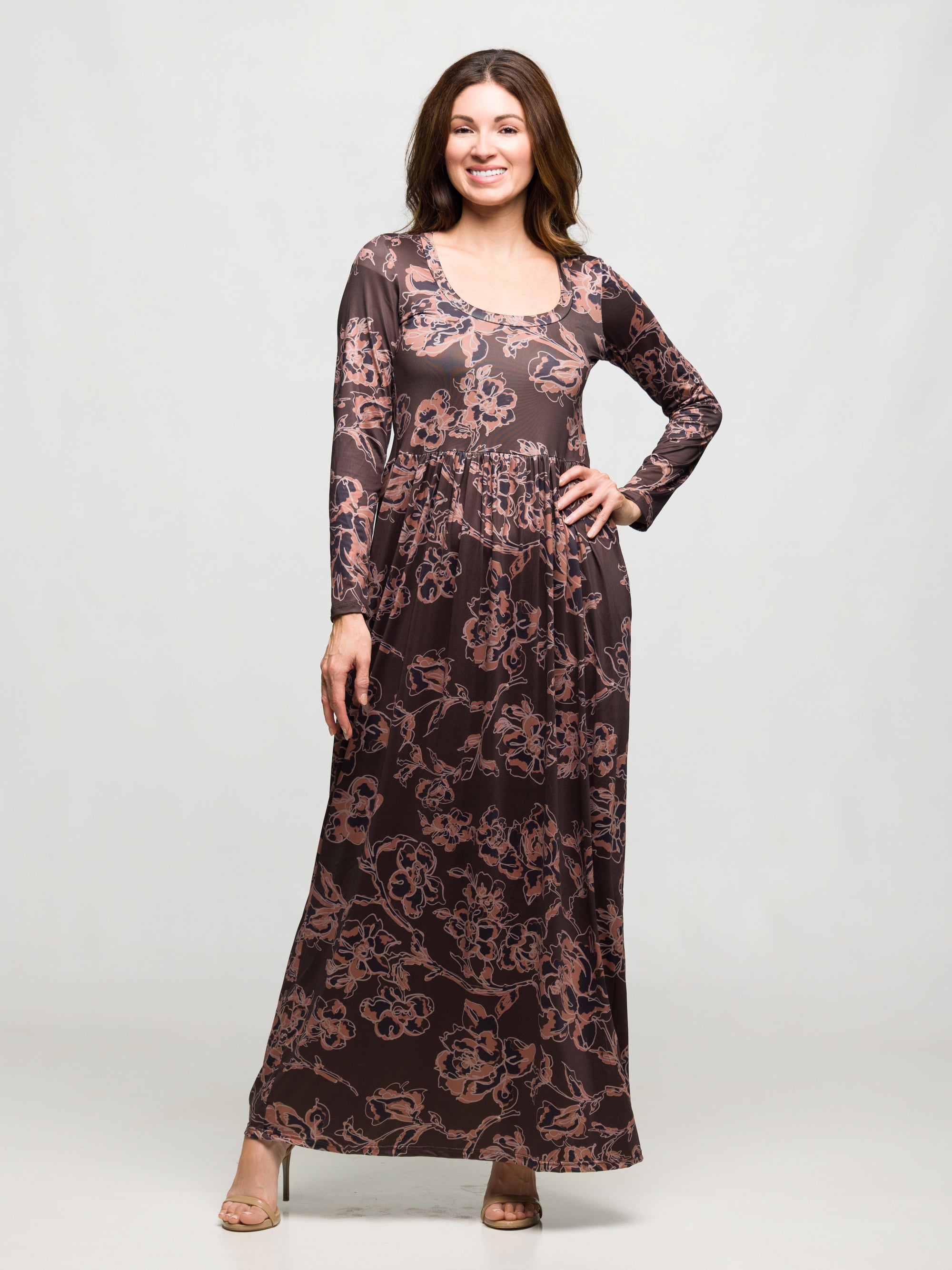Brown Blush Floral Long Sleeve Scoop Neck Maxi Dress
