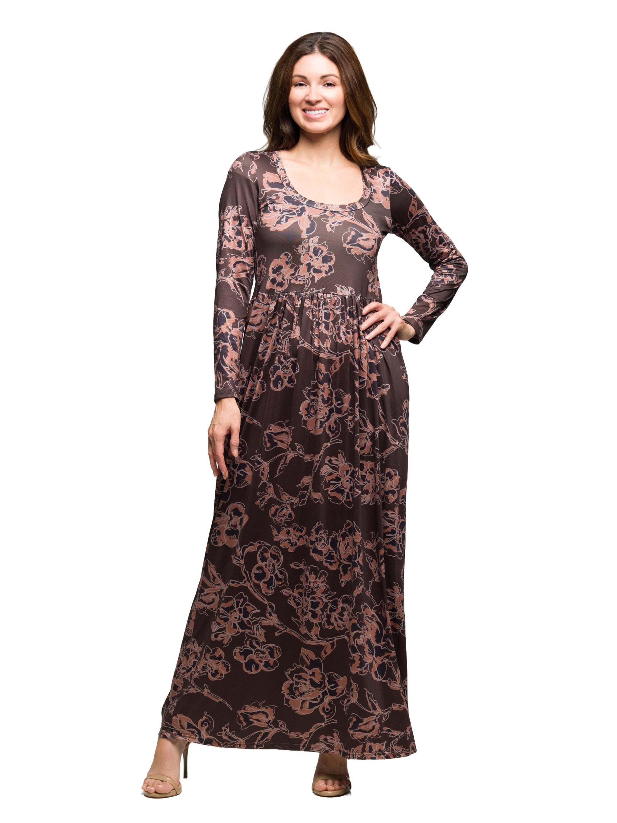 Brown Blush Floral Long Sleeve Scoop Neck Maxi Dress