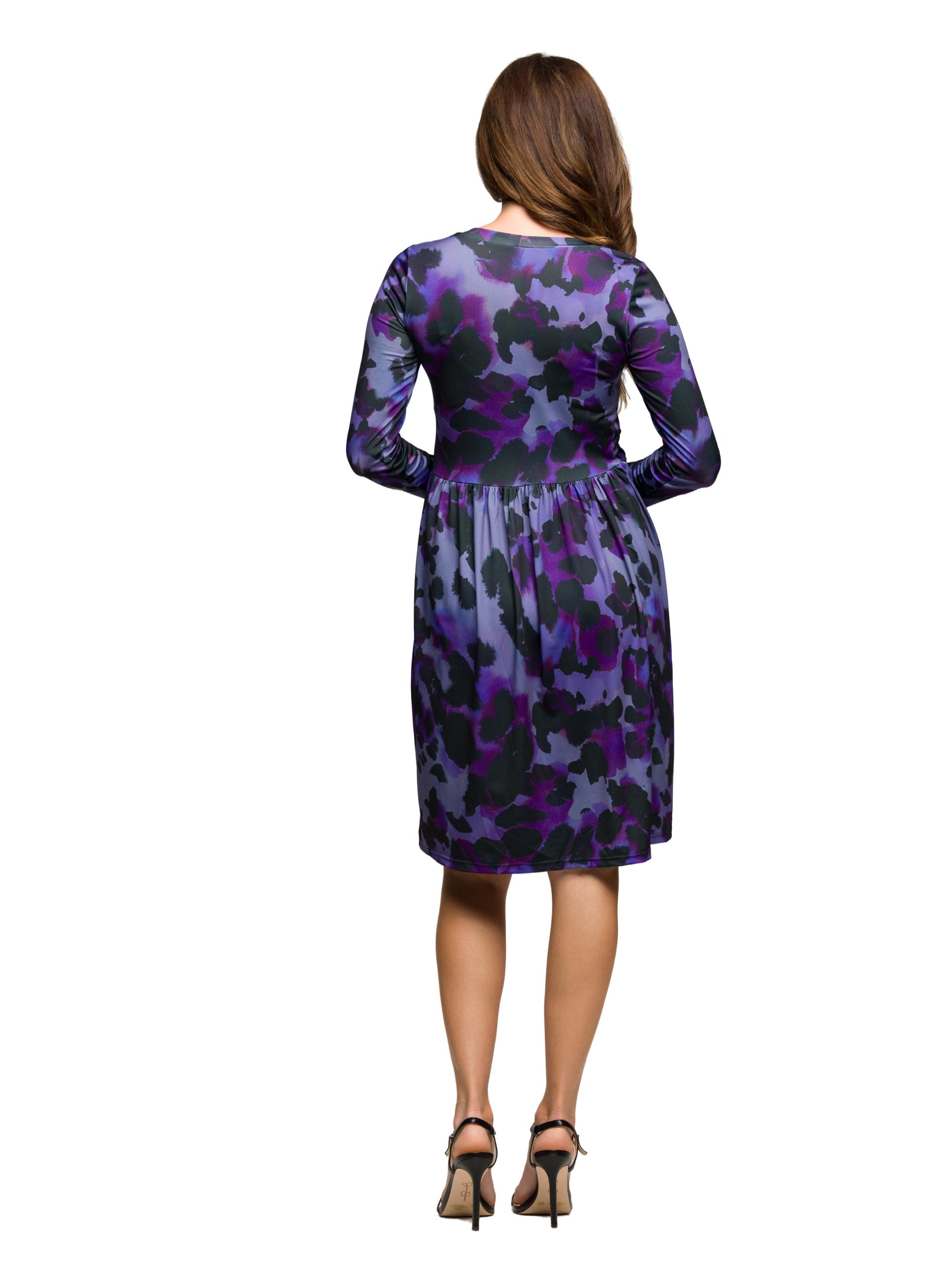 24seven Comfort Apparel Long Sleeve Empire Waist Dress Purple Black Print