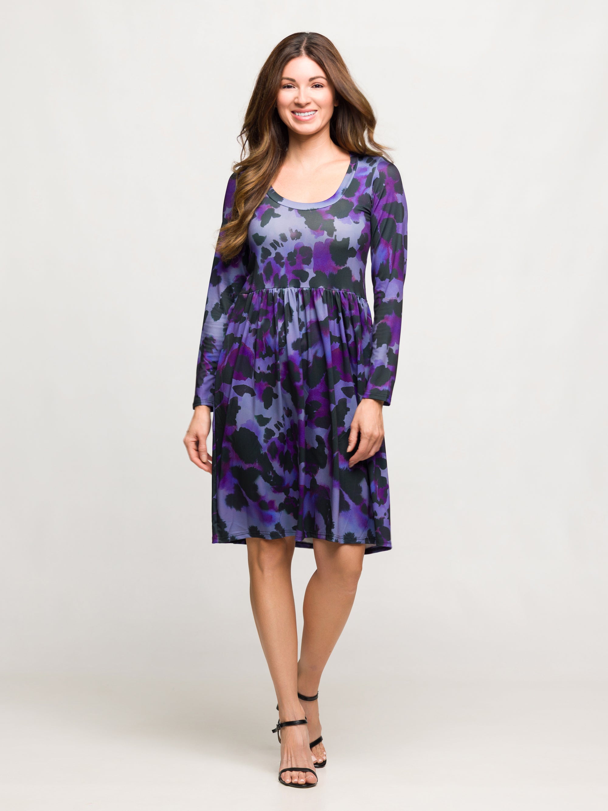 24seven Comfort Apparel Long Sleeve Empire Waist Dress Purple Black Print