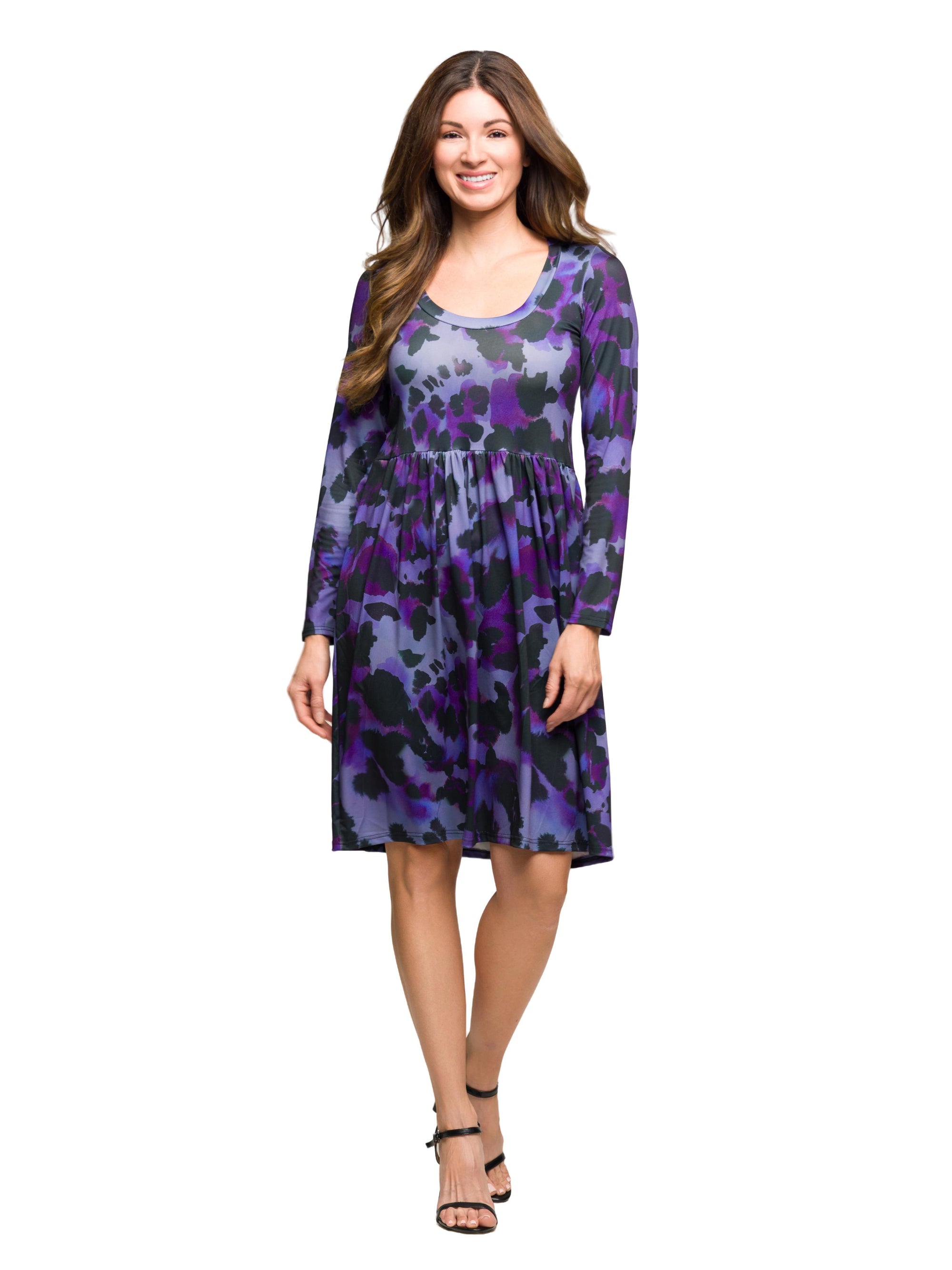 24seven Comfort Apparel Long Sleeve Empire Waist Dress Purple Black Print
