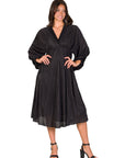 Shimmer Pleated V Neck Empire Waist Bishop Sleeve Midi Dress
