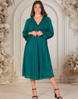 Shimmer Pleated V Neck Empire Waist Bishop Sleeve Midi Dress