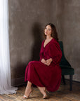 Shimmer Pleated V Neck Empire Waist Bishop Sleeve Midi Dress