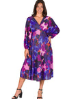 Multicolor Pleated V Neck Empire Waist Bishop Sleeve Midi Dress