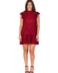 Ruffle Cap Sleeve High Neck Pleated Tiered Mini Dress