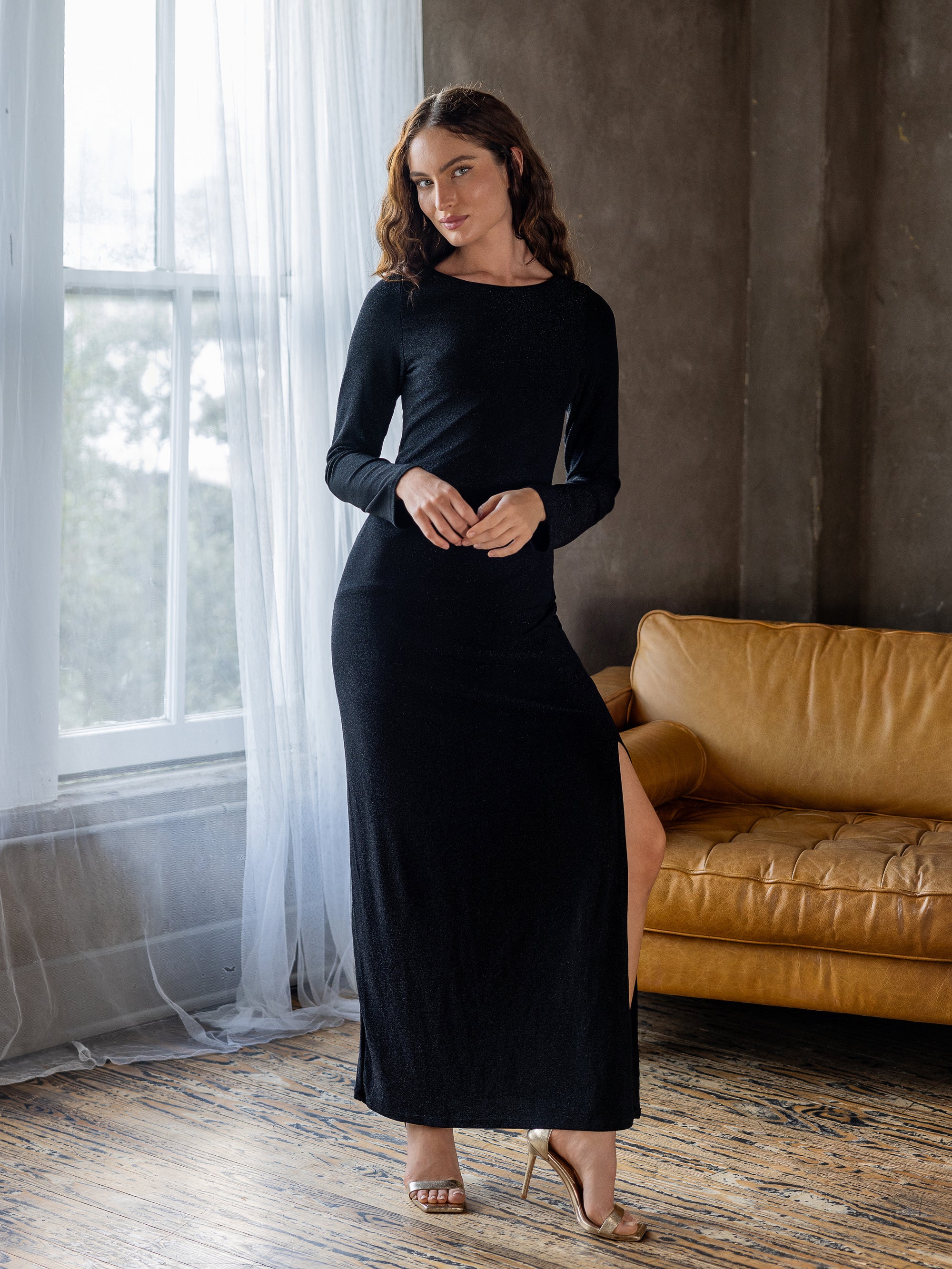 Fitted Long Sleeve Shimmery Fabric Side Slit Maxi Dress