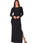 Fitted Long Sleeve Shimmery Fabric Side Slit Maxi Dress