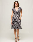 24seven Comfort Apparel Womens Cap Sleeve Black and White V Neck Knee Length Pocket Dress